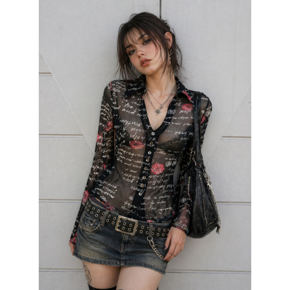 VTG Bebe Sheer Black Mesh Floral Script Button-Up Top Y2K Grunge Slim Fit USA XS